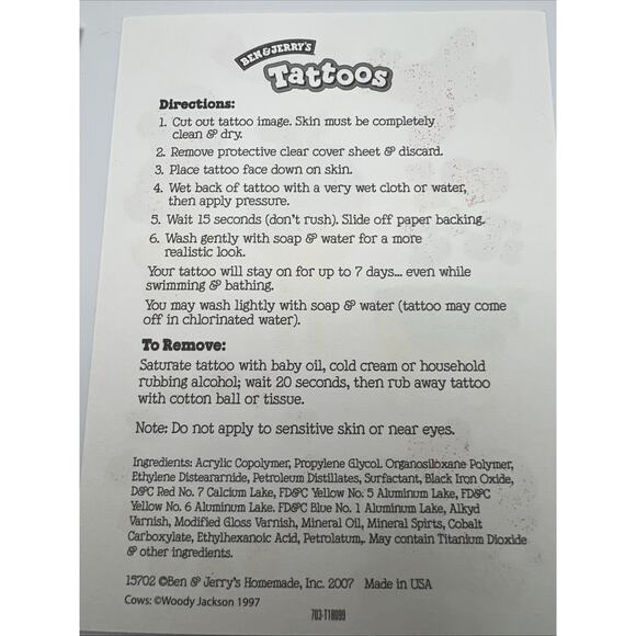 2007 Ben & Jerry's Ice Cream Milk Temporary Tattoos Vintage Cow Tattoo 6 Pages - Picture 3 of 6